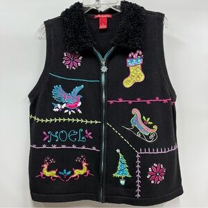 Merry & Bright Christmas black xl holiday Vest full zip sequin embroidered Noel